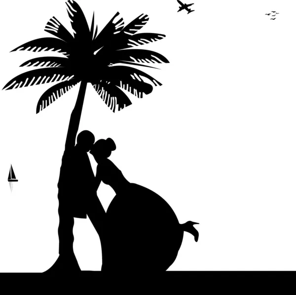 Γάμο, ζευγάρι, γαμπρός και νύφη στην παραλία, ανάμεσα στις παλάμες σχετικά με το περίγραμμα παραλία — Διανυσματικό Αρχείο