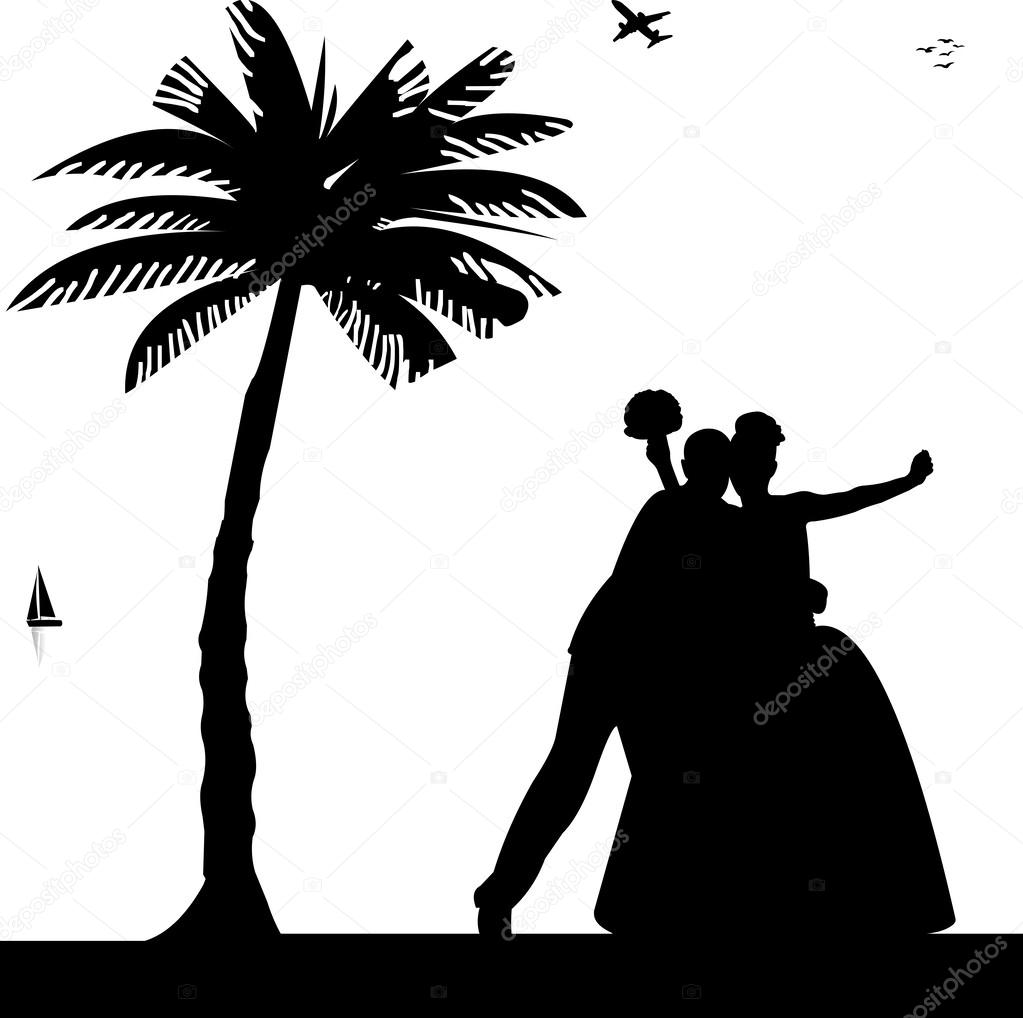 Wedding couple, groom and bride on seacoast between the palms on the beach silhouette