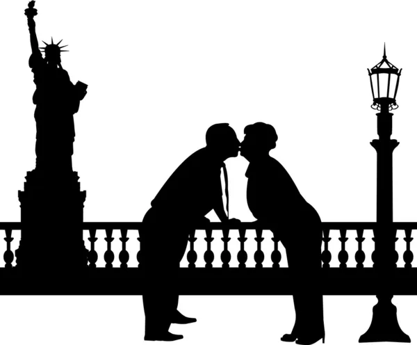 Preciosa pareja de ancianos jubilados besándose en Nueva York — Vector de stock