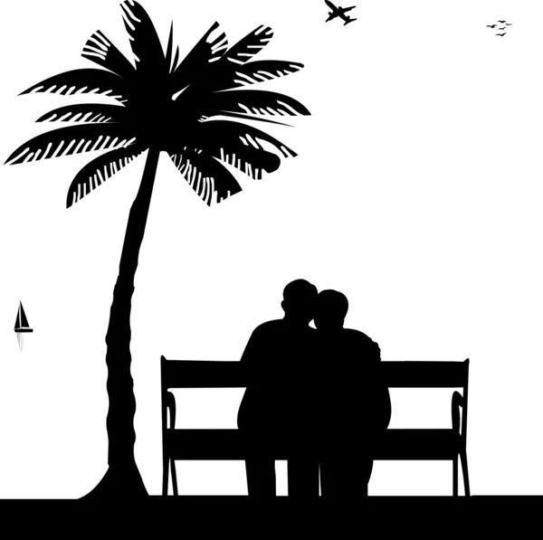 Lovely retired elderly couple sitting on bench on the beach — Stock Vector