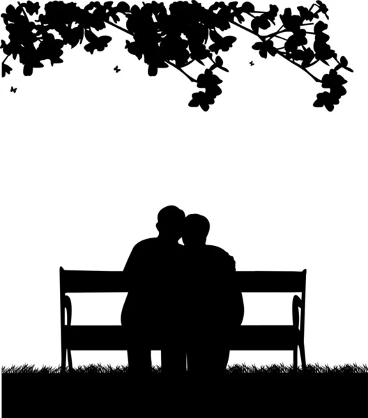 Härlig pensionerad äldre par sitter på bänken i trädgård eller gård — Stock vektor