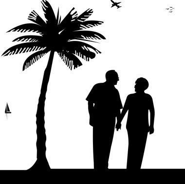 güzel yaşlı çift Sahilde yürüyüş emekli oldu.