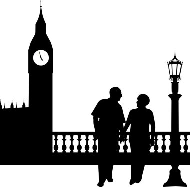 güzel yaşlı çift büyük ben Londra'nın önünde yürüyen emekli oldu.