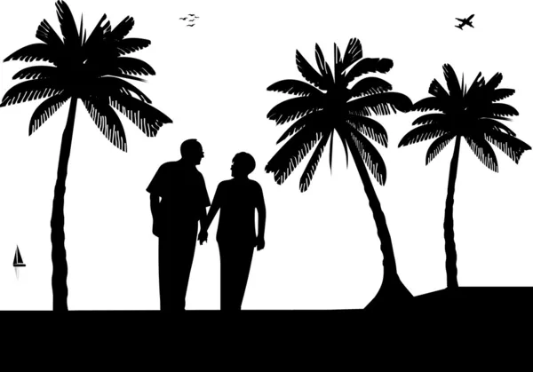 Lovely retired elderly couple walking on the beach between palm trees — Stock Vector