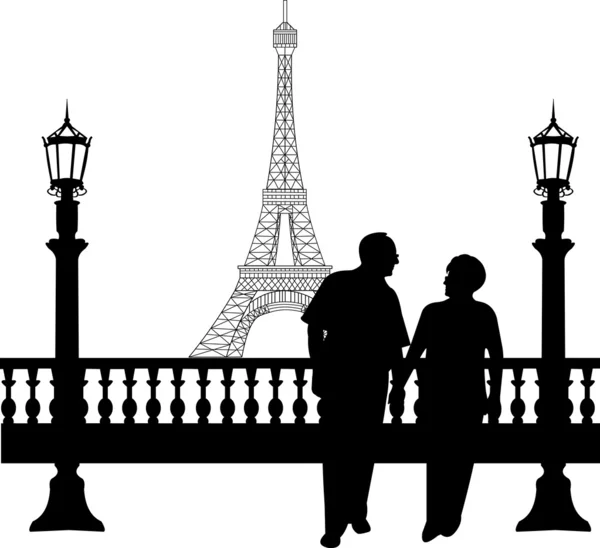 Прекрасная пожилая пара на пенсии, идущая перед Эйфелевой башней в Париже — стоковый вектор