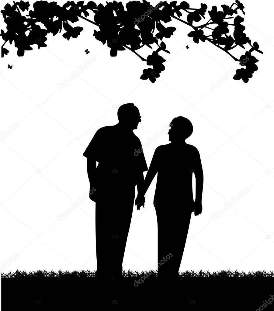 Lovely retired elderly couple walking in park