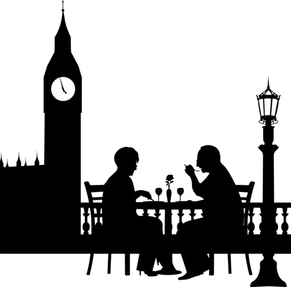Güzel yaşlı çift önünde büyük ben Londra siluet içinde romantik bir akşam yemeği emekli oldu. — Stok Vektör