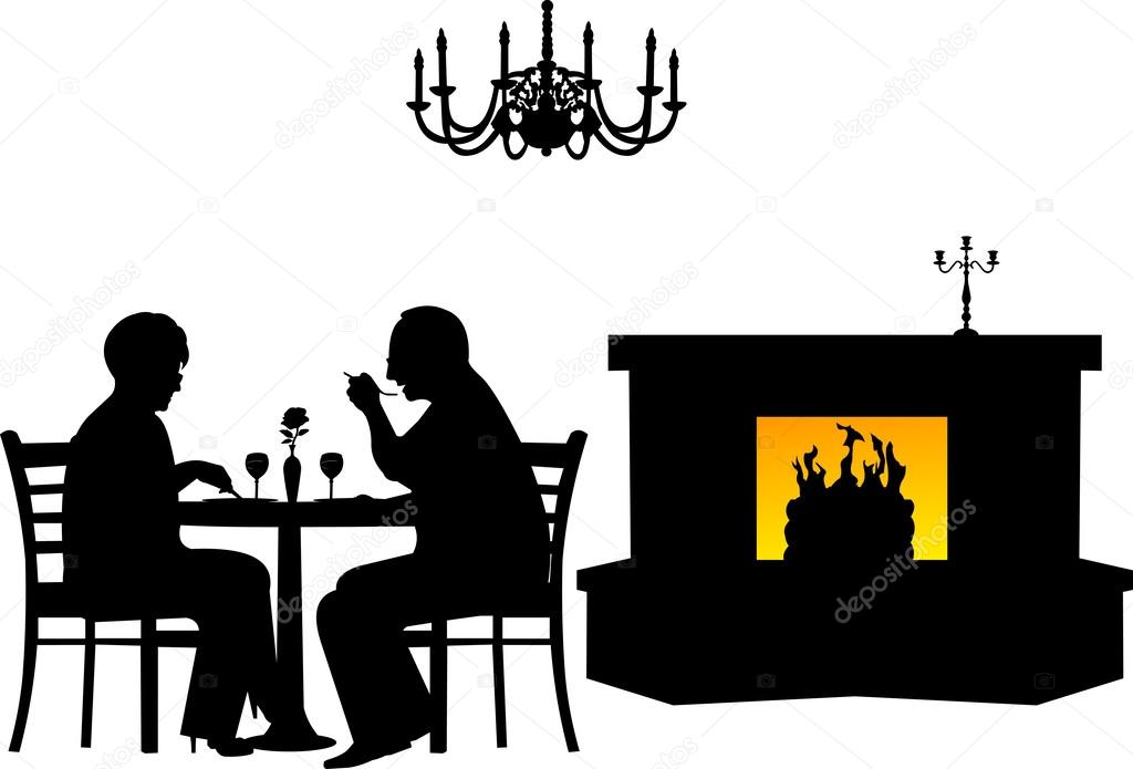 Lovely retired elderly couple having a romantic dinner in a restaurant silhouette