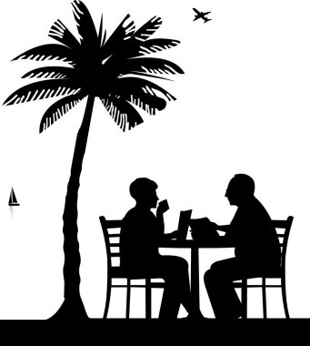 çok güzel kahve içme ve palmiye ağacının altında sahilde bir gazete okuyor yaşlı çift emekli oldu.