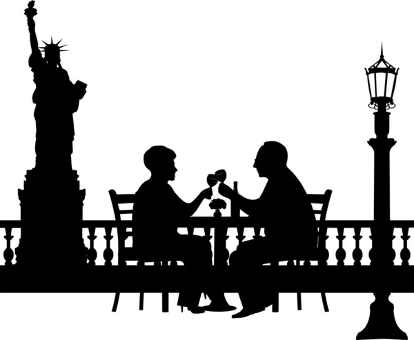 Прекрасная пожилая пара в отставке пьет бокал вина в Нью-Йорке — стоковый вектор