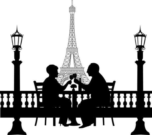 Lovely retired elderly couple drinking glass of wine in front of Eiffel tower in Paris — Stock Vector