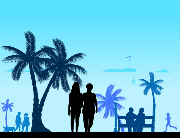Mensen op het strand en verschillende activiteiten op strand scène silhouet gelaagde — Stockvector