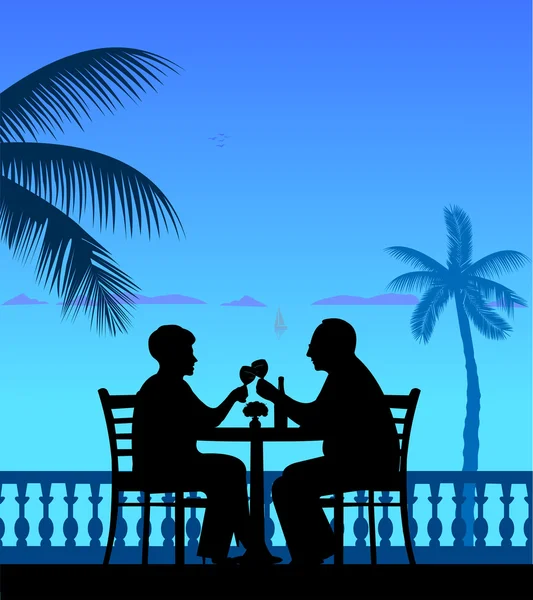 Preciosa pareja de ancianos jubilados bebiendo vino en la playa bajo la palmera — Vector de stock