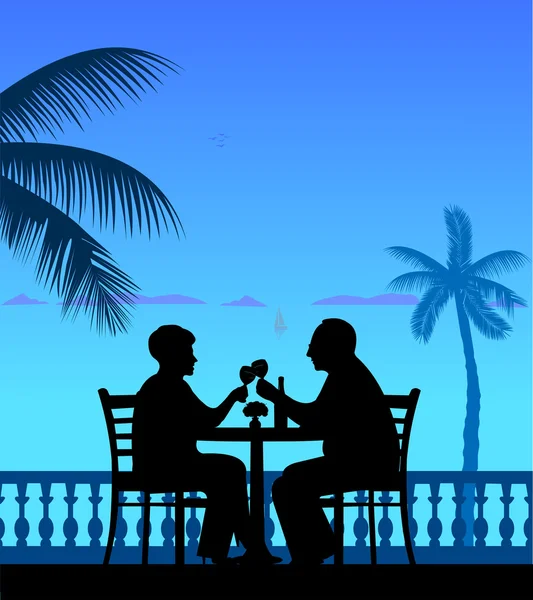Adorável aposentado casal de idosos bebendo vinho na praia sob palmeira Ilustrações De Stock Royalty-Free