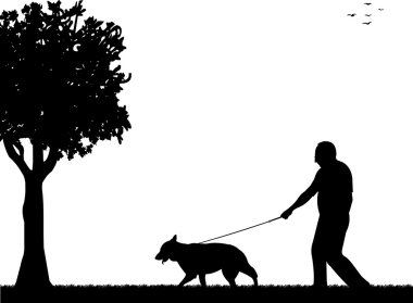 park siluet içinde Köpeğiyle yürüyen adam katmanlı