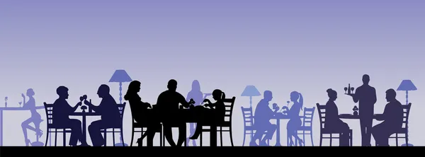 Silueta de personas comiendo en un restaurante con todas las figuras como objetos separados — Vector de stock