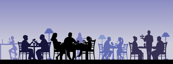 Silhouette of people eating in a restaurant with all figures as separate objects
