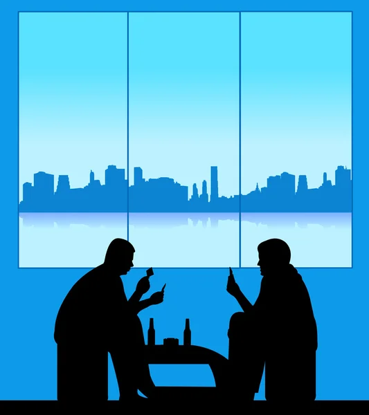Men playing cards and drinking beer for fun silhouette — Stock Vector