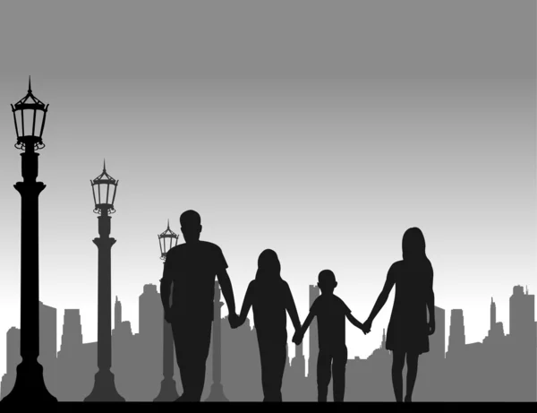 Familie wandelen op de straat silhouet — Stockvector