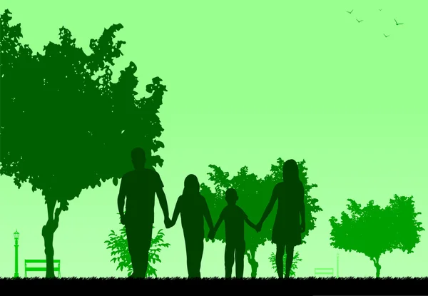 Family walking in park in spring silhouette — Stock Vector