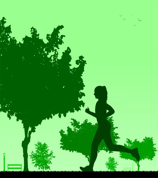 Ragazza che corre nel parco in primavera silhouette — Vettoriale Stock