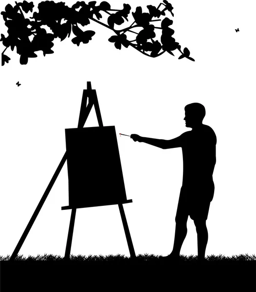 Artist painter man in park painting silhouette — Stock Vector