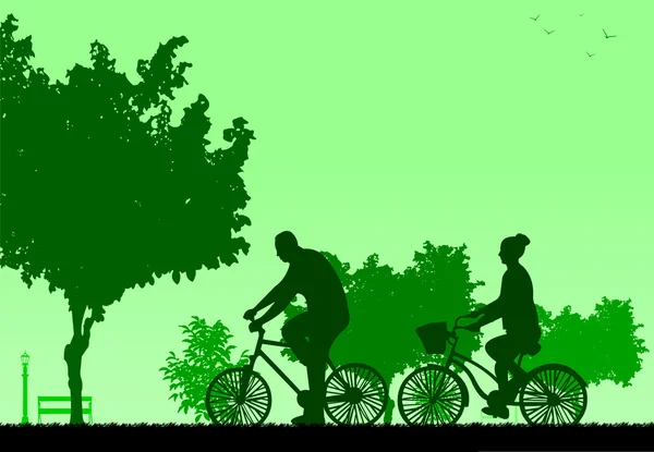 Passeio de bicicleta de casal no parque na silhueta de primavera Vetores De Bancos De Imagens Sem Royalties