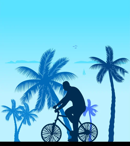 남자가 자전거를 타고 해변 실루엣에 스톡 일러스트레이션