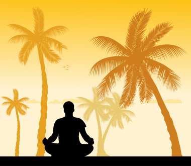 palmiye ağaçlarının altında izole adam yapıyor ve meditasyon yoga egzersiz