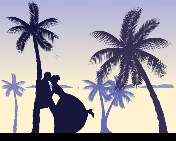 Pareja de boda entre las palmas en la silueta de la playa — Vector de stock