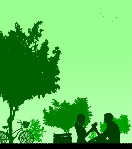 Romantic couple in picnic in park silhouettte Stock Vector