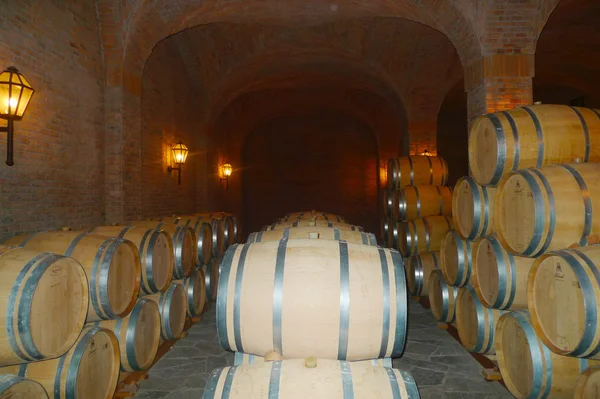 Barricas de vino en una bodega — Foto de Stock