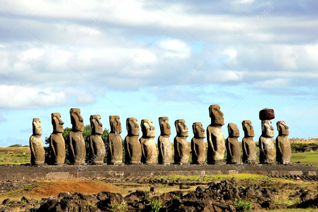 Fifteen moai facing inland at Ahu Tongariki, Easter Island