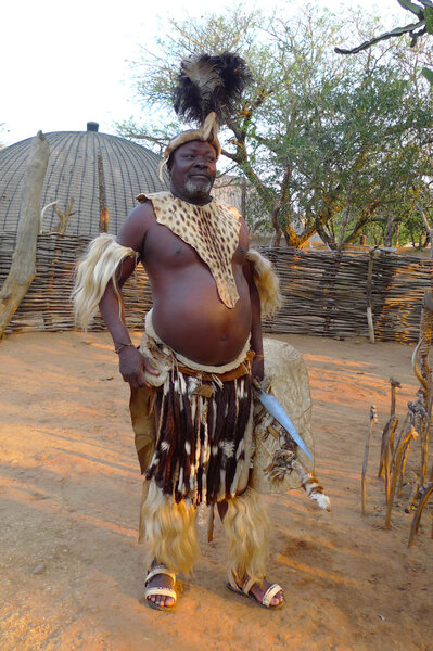 Zulu Chief with speer and shield in Shakaland Zulu Village, South Africa