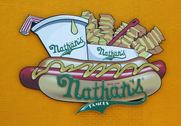 The Nathan's original restaurant sign at Coney Island, New York — Stock Photo, Image