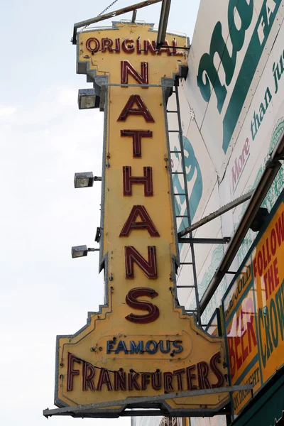 The Nathan's original restaurant sign at Coney Island, New York. — Stock Photo, Image