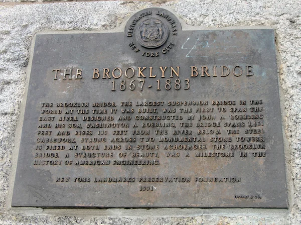 De Brooklyn Bridge aangewezen oriëntatiepunt teken — Stockfoto