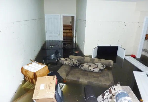 Completely flooded basement next day after Hurricane Sandy in Staten Island. Stock Photo