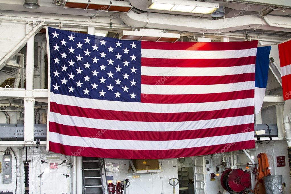 Huge American flag inside the deck of US Navy destroyer during Fleet Week 2012