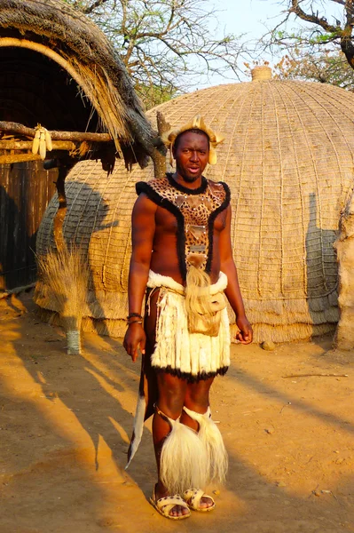 Zulu válečník v shakaland zulu vesnici, Jižní Afrika — Stock fotografie