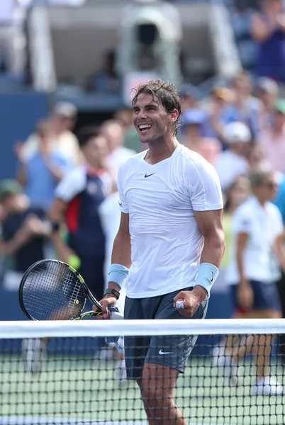 Twelve times Grand Slam champion Rafael Nadal celebrates victory in his third round match at US Open 2013 against Ivan Dodig — Stock Photo, Image