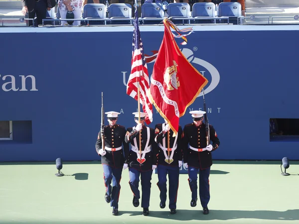 The Color Guard of the U.S. Marine Corps during the opening ceremony of the US Open 2013 women final match — Stock Photo, Image