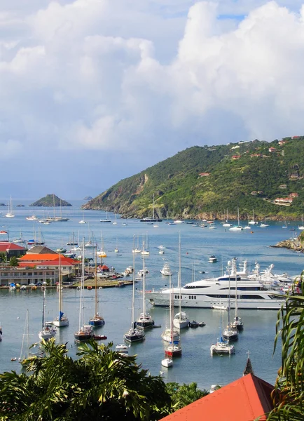 Aerial view at Gustavia Harbor with mega yachts at St Barts, French West Indies — Stock Photo, Image