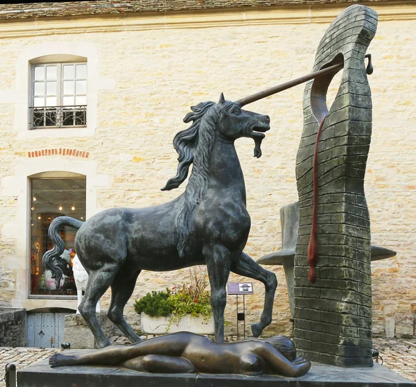 The Unicorn bronze statue by Salvador Dali at the Court Square inside of Chateau de Pommard winery in France — Stock Photo, Image