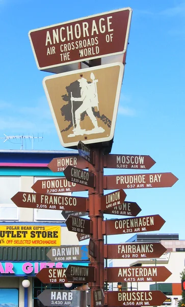 Anchorage, Alaska air crossroads of the world signpost — Stock Photo, Image