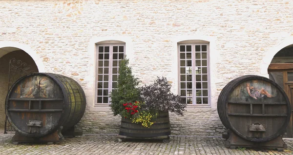 Antiche botti di vino dipinte a Chateau de Pommard, Francia — Foto Stock