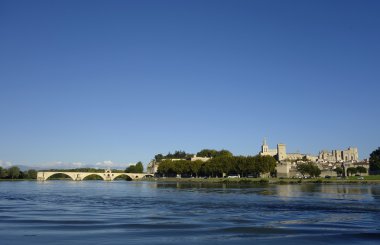 Panoramic view over the Rhone River with the Pont Saint-Benezet and medieval city of Avignon, France clipart