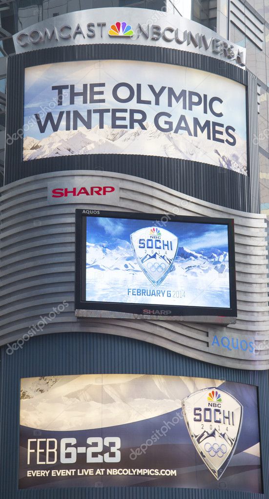 NEW YORK - JANUARY 26: Comcast NBC Universal billboard decorated with Sochi 2014 XXII Olympic Winter Games logo near Times Square in Midtown Manhattan on January 26, 2014