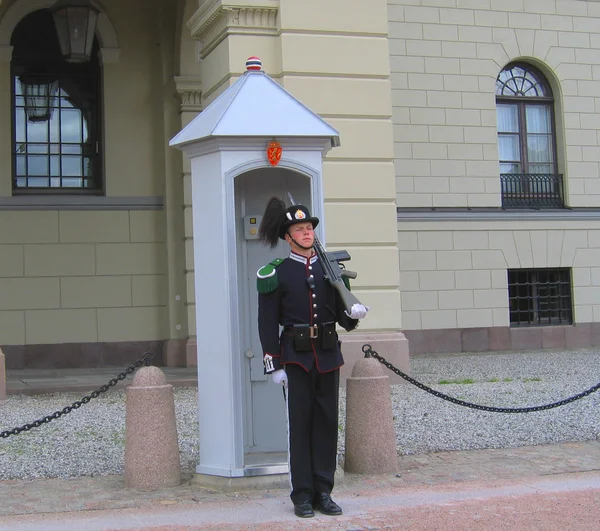 Guardia Real custodiando Palacio Real en Oslo, Noruega —  Fotos de Stock
