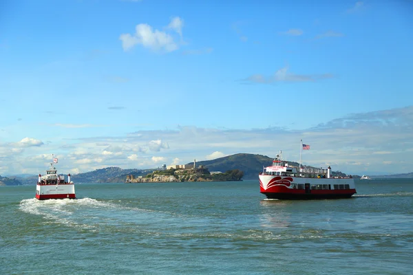 Red and White Fleet boat docking at Pier 43 at Fisherman's Wharf in San Francisco